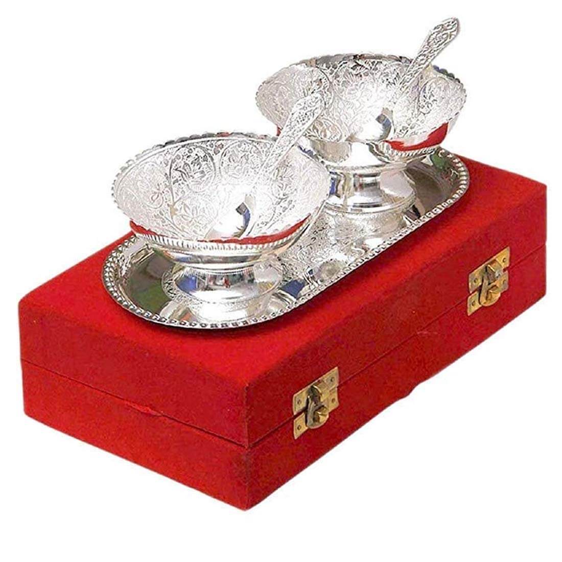 German Silver Aluminium Round Bowl Set with Tray and Spoon with Royal Luxury Velvet Box Used for Dry Fruit, Sweets and Home Decor