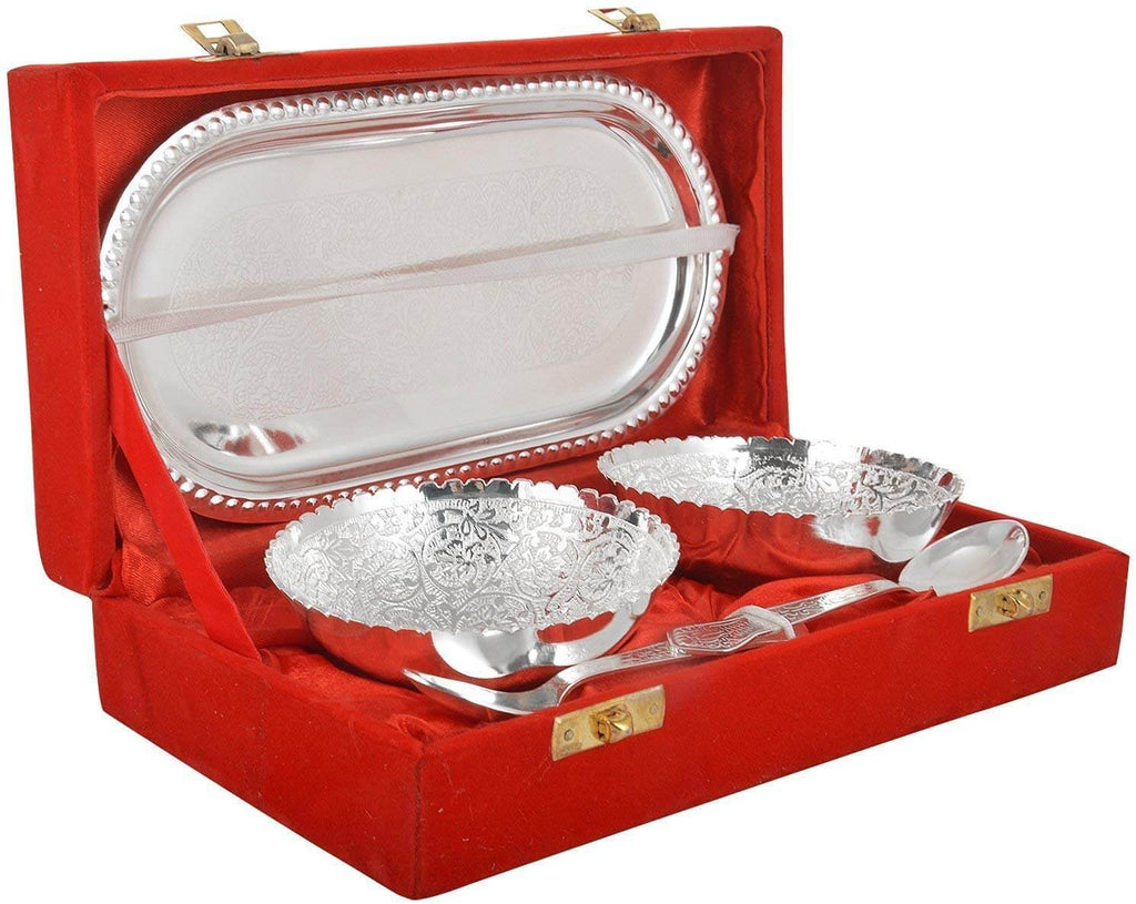 German Silver Aluminium Round Bowl Set with Tray and Spoon with Royal Luxury Velvet Box Used for Dry Fruit, Sweets and Home Decor