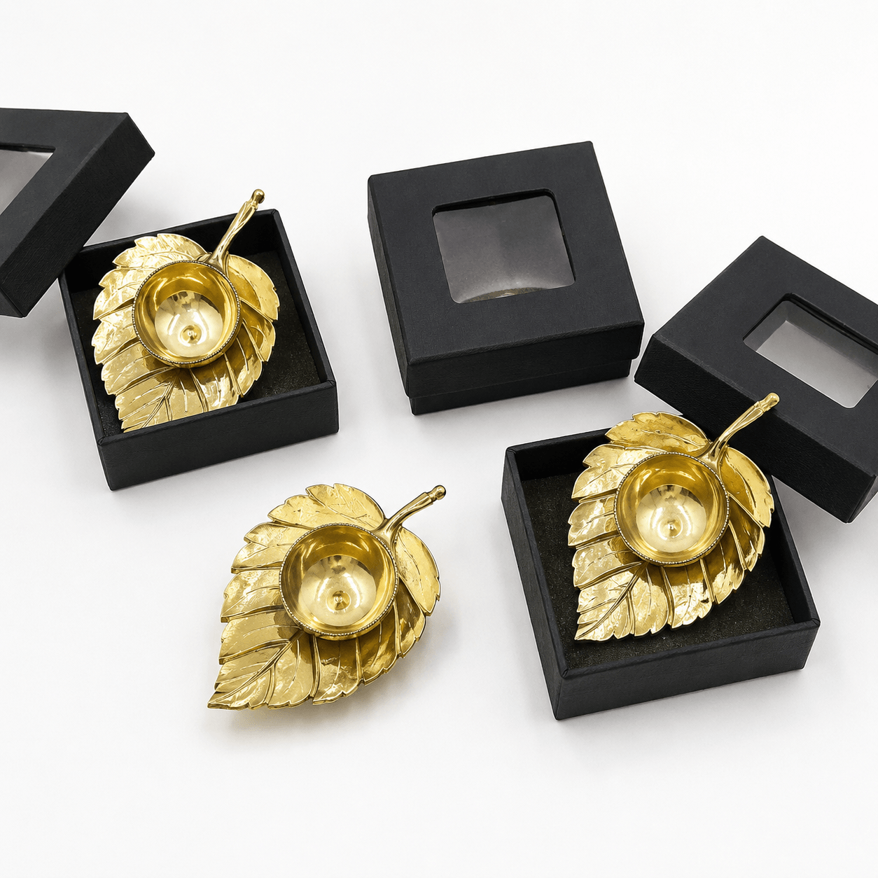Brass Pan Leaf Diya With Black Box Packed