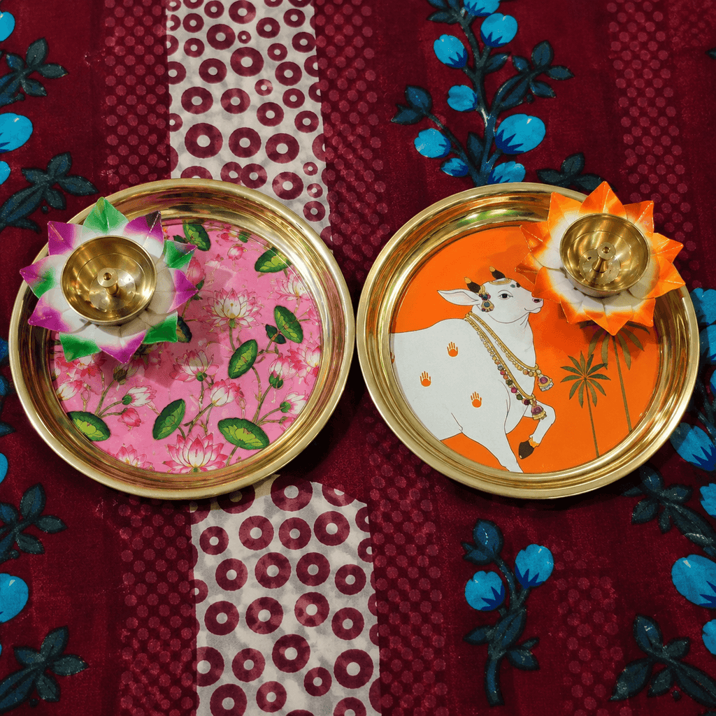 Handmade Brass Pichwai Pooja Plate | Thali | 6 inch | Flower Diya | 3.5 Inches | All Time Favorite
