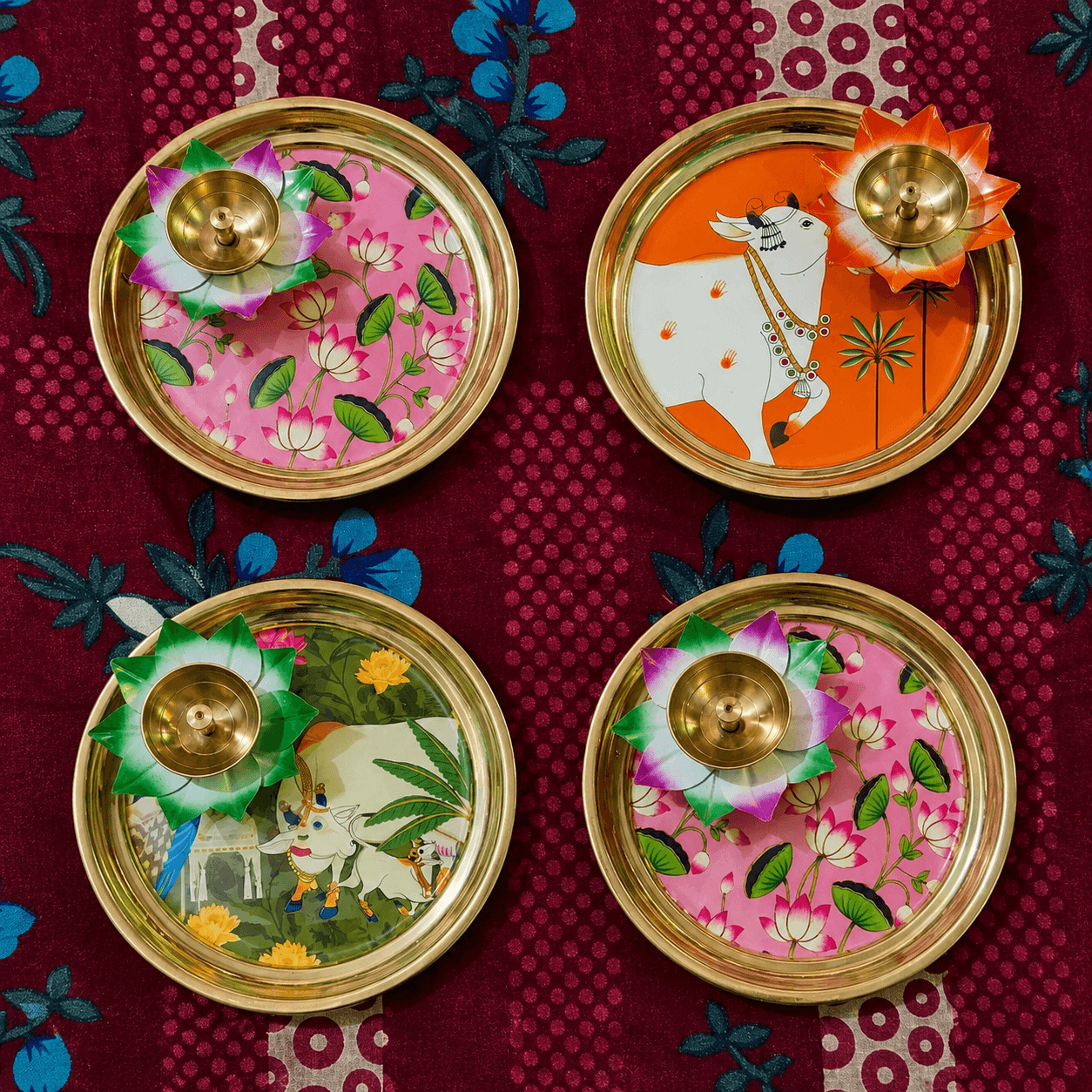 Handmade Brass Pichwai Pooja Plate | Thali | 6 inch | Flower Diya | 3.5 Inches | All Time Favorite