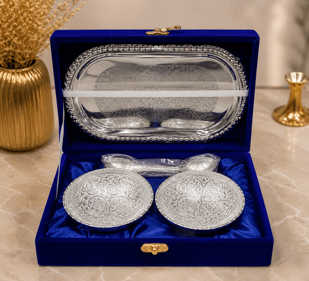 German Silver Aluminium Round Bowl Set with Tray and Spoon with Royal Luxury Velvet Box Used for Dry Fruit, Sweets and Home Decor