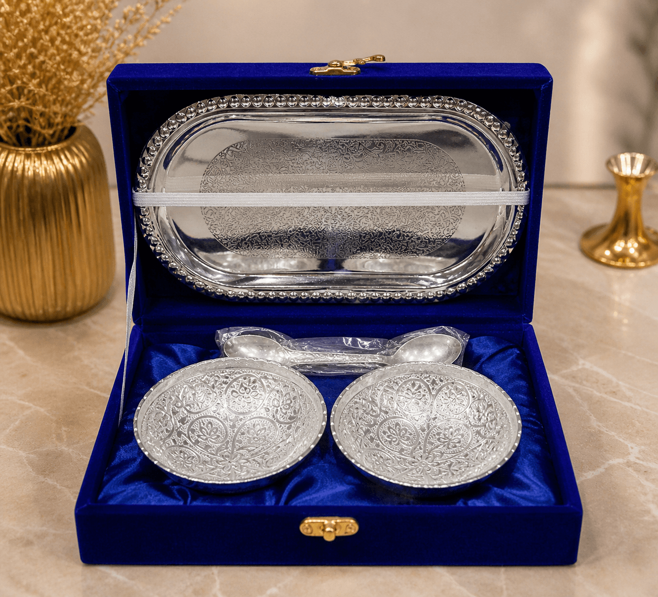 German Silver Aluminium Round Bowl Set with Tray and Spoon with Royal Luxury Velvet Box Used for Dry Fruit, Sweets and Home Decor