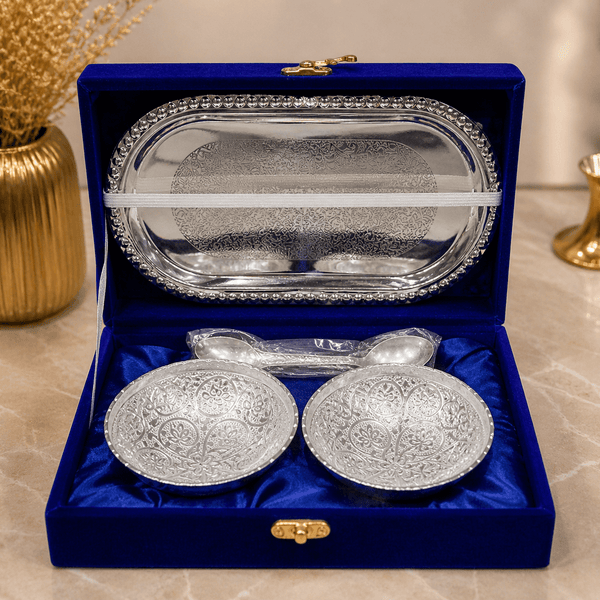 German Silver Aluminium Round Bowl Set with Tray and Spoon with Royal Luxury Velvet Box Used for Dry Fruit, Sweets and Home Decor