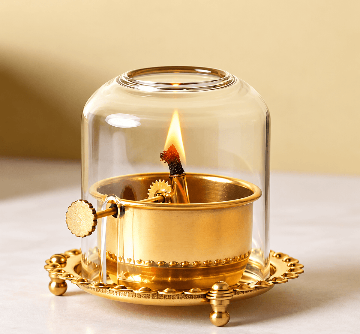 Akhand Jyot Diya — 6 Inch Brass | 48 Hour Burn | Glass Cover