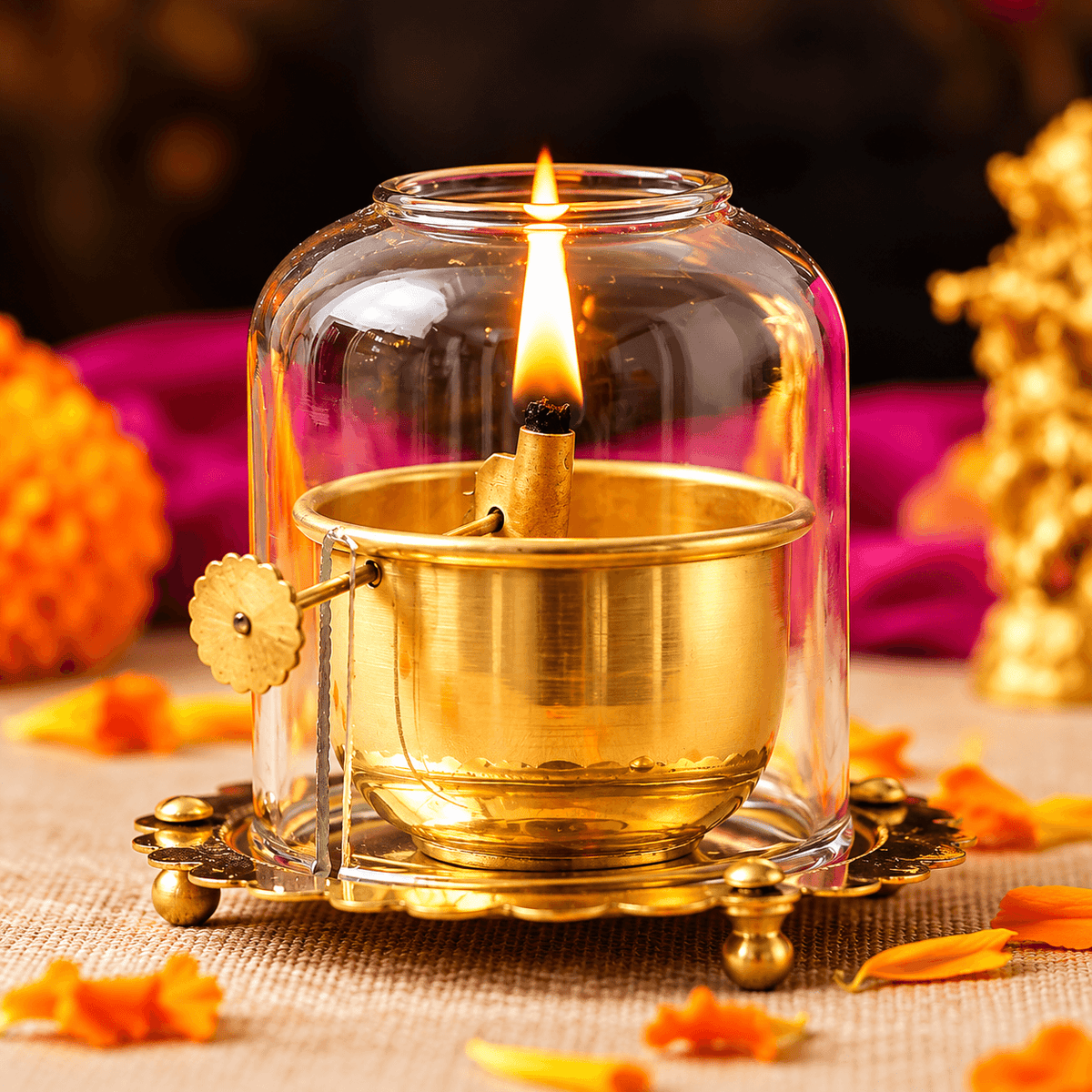 Akhand Jyot Diya — 6 Inch Brass | 48 Hour Burn | Glass Cover