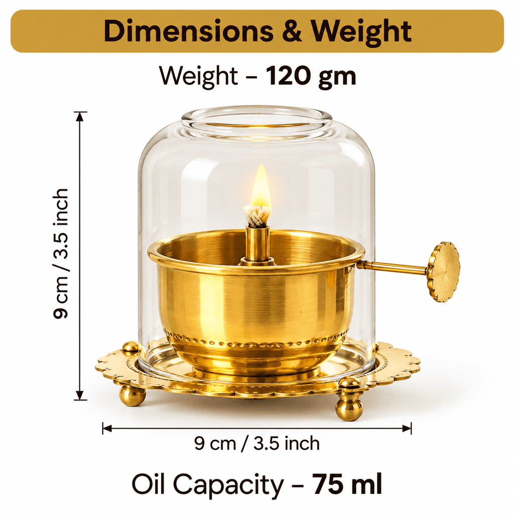 Akhand Jyot Diya — 6 Inch Brass | 48 Hour Burn | Glass Cover