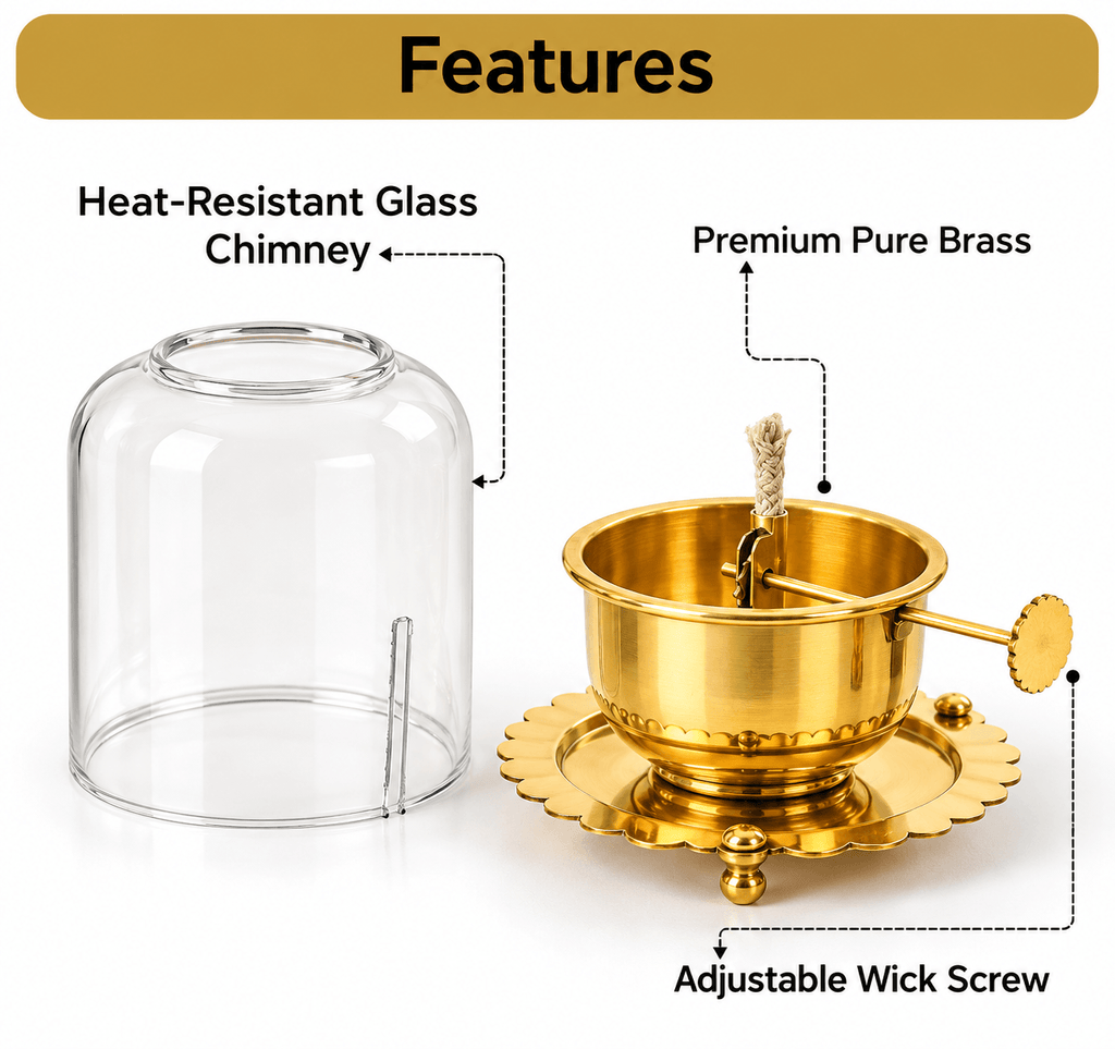 Akhand Jyot Diya — 6 Inch Brass | 48 Hour Burn | Glass Cover