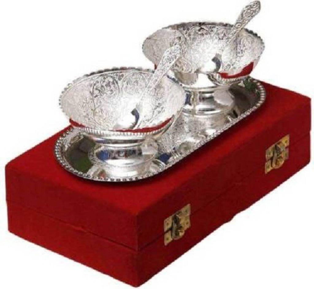 German Silver Aluminium Round Bowl Set with Tray and Spoon with Royal Luxury Velvet Box Used for Dry Fruit, Sweets and Home Decor