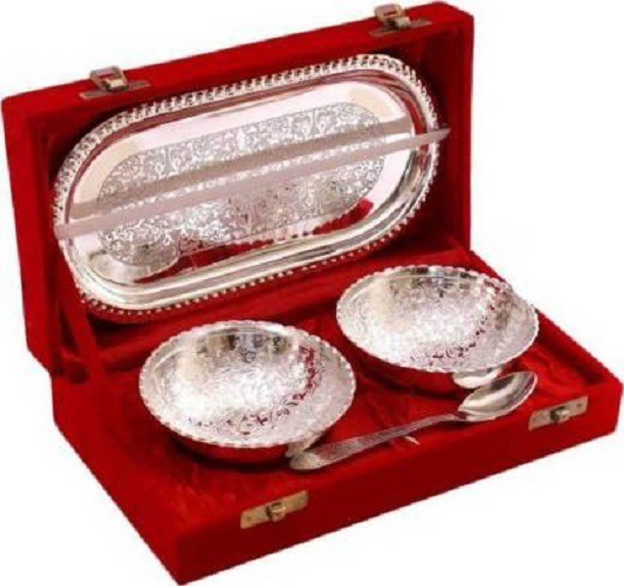 German Silver Aluminium Round Bowl Set with Tray and Spoon with Royal Luxury Velvet Box Used for Dry Fruit, Sweets and Home Decor