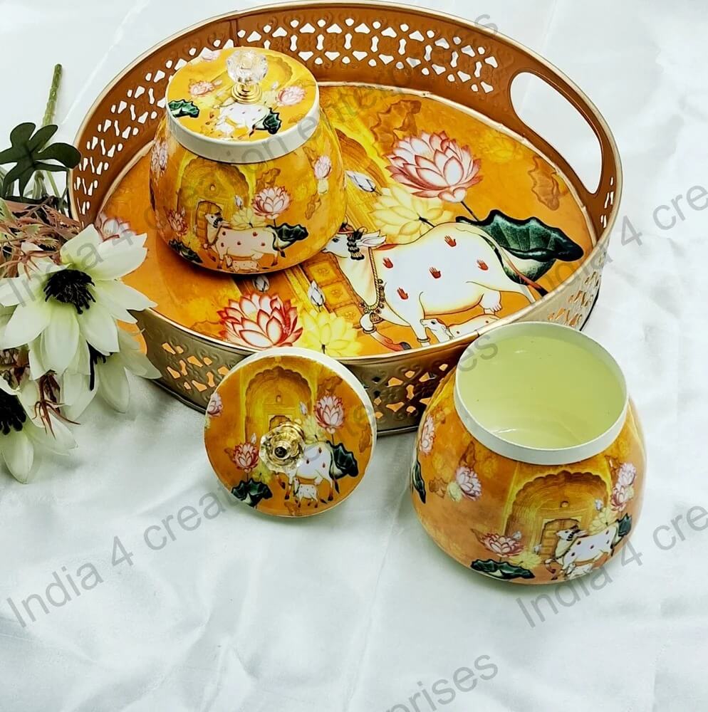 Handcrafted Meena Pichwai Tray Jar Set | Multiple-designs