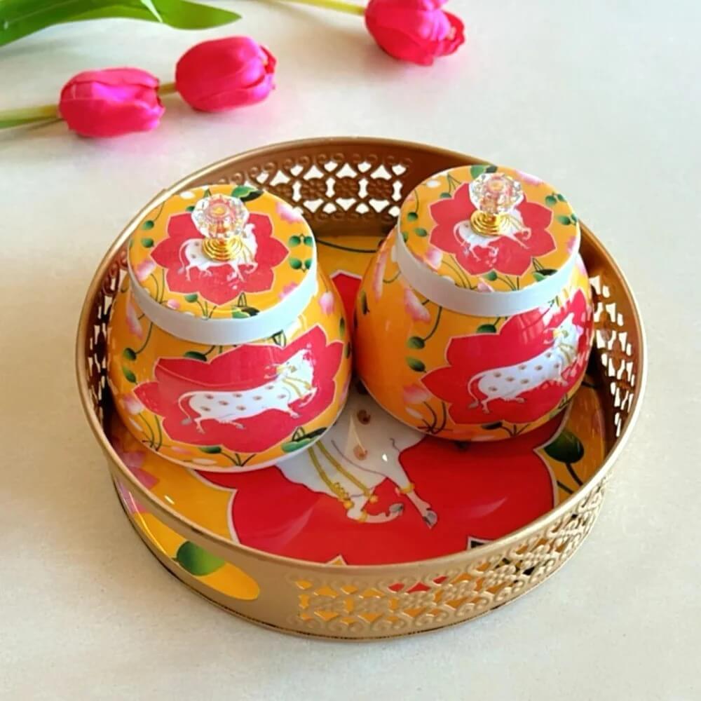Handcrafted Meena Pichwai Tray Jar Set | Multiple-designs