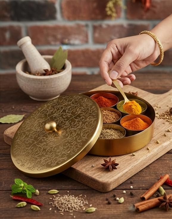 Handcrafted Masala Box with Spoon | 7-Container Spice Box (40 ml Each) | 7 Inch Masala Dabba for Kitchen Storage | Traditional Masala Petti Spice Container Set | Iron