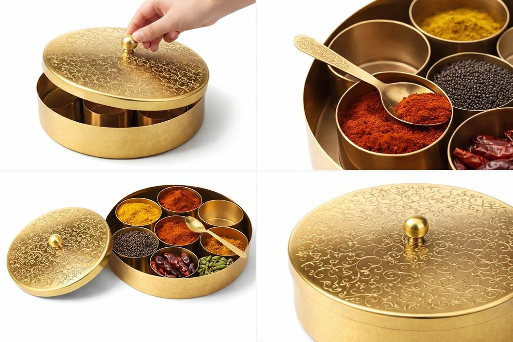 Handcrafted Masala Box with Spoon | 7-Container Spice Box (40 ml Each) | 7 Inch Masala Dabba for Kitchen Storage | Traditional Masala Petti Spice Container Set | Iron