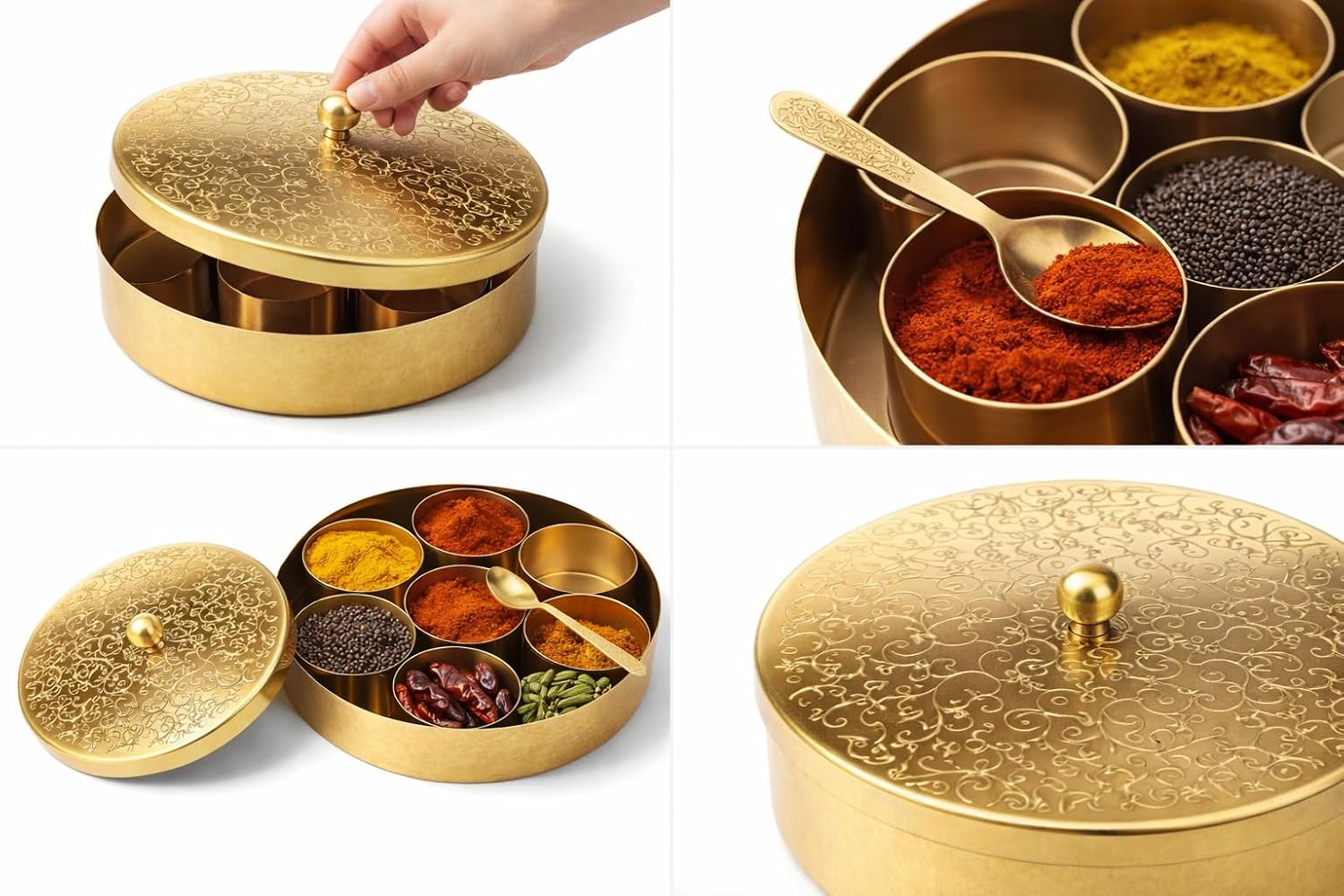Handcrafted Masala Box with Spoon | 7-Container Spice Box (40 ml Each) | 7 Inch Masala Dabba for Kitchen Storage | Traditional Masala Petti Spice Container Set | Iron