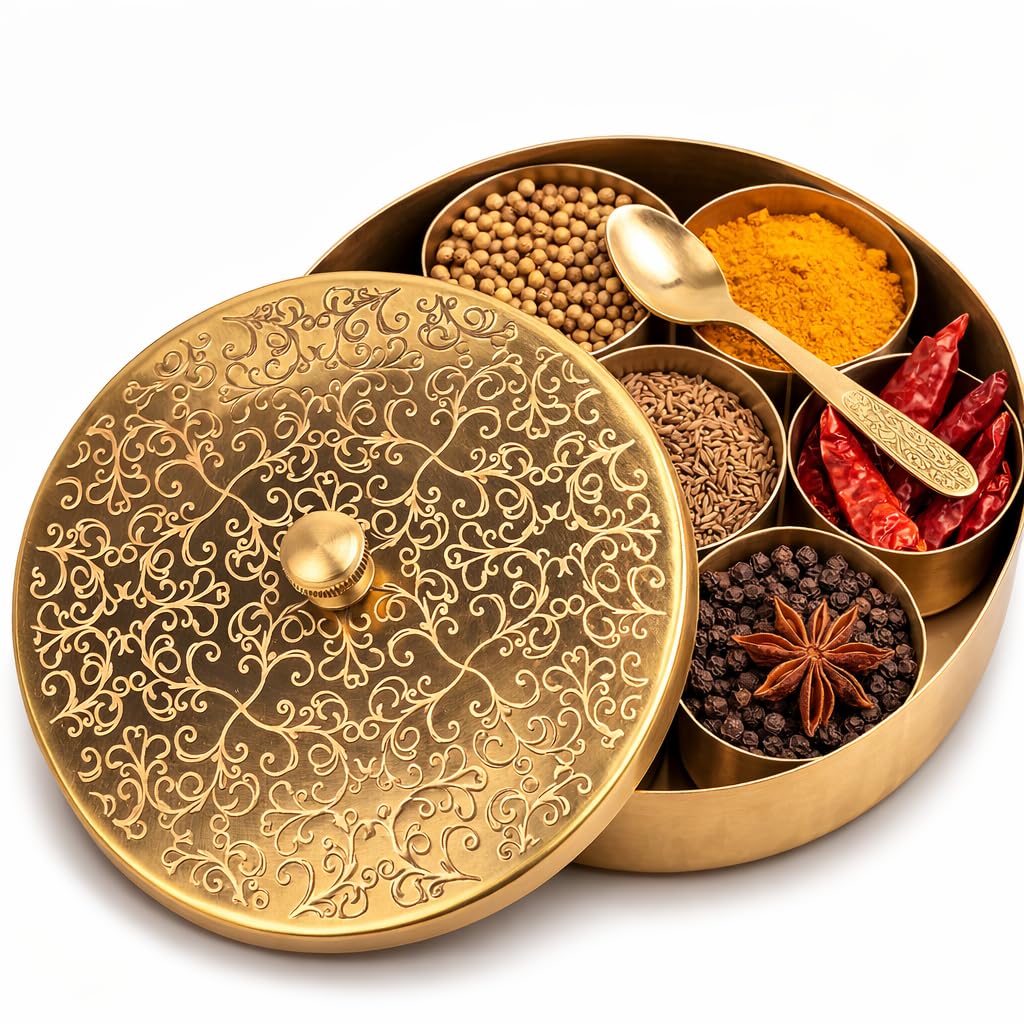 Handcrafted Masala Box with Spoon | 7-Container Spice Box (40 ml Each) | 7 Inch Masala Dabba for Kitchen Storage | Traditional Masala Petti Spice Container Set | Iron