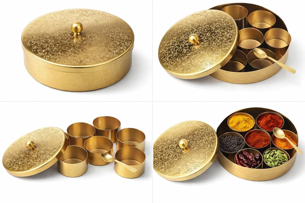 Handcrafted Masala Box with Spoon | 7-Container Spice Box (40 ml Each) | 7 Inch Masala Dabba for Kitchen Storage | Traditional Masala Petti Spice Container Set | Iron