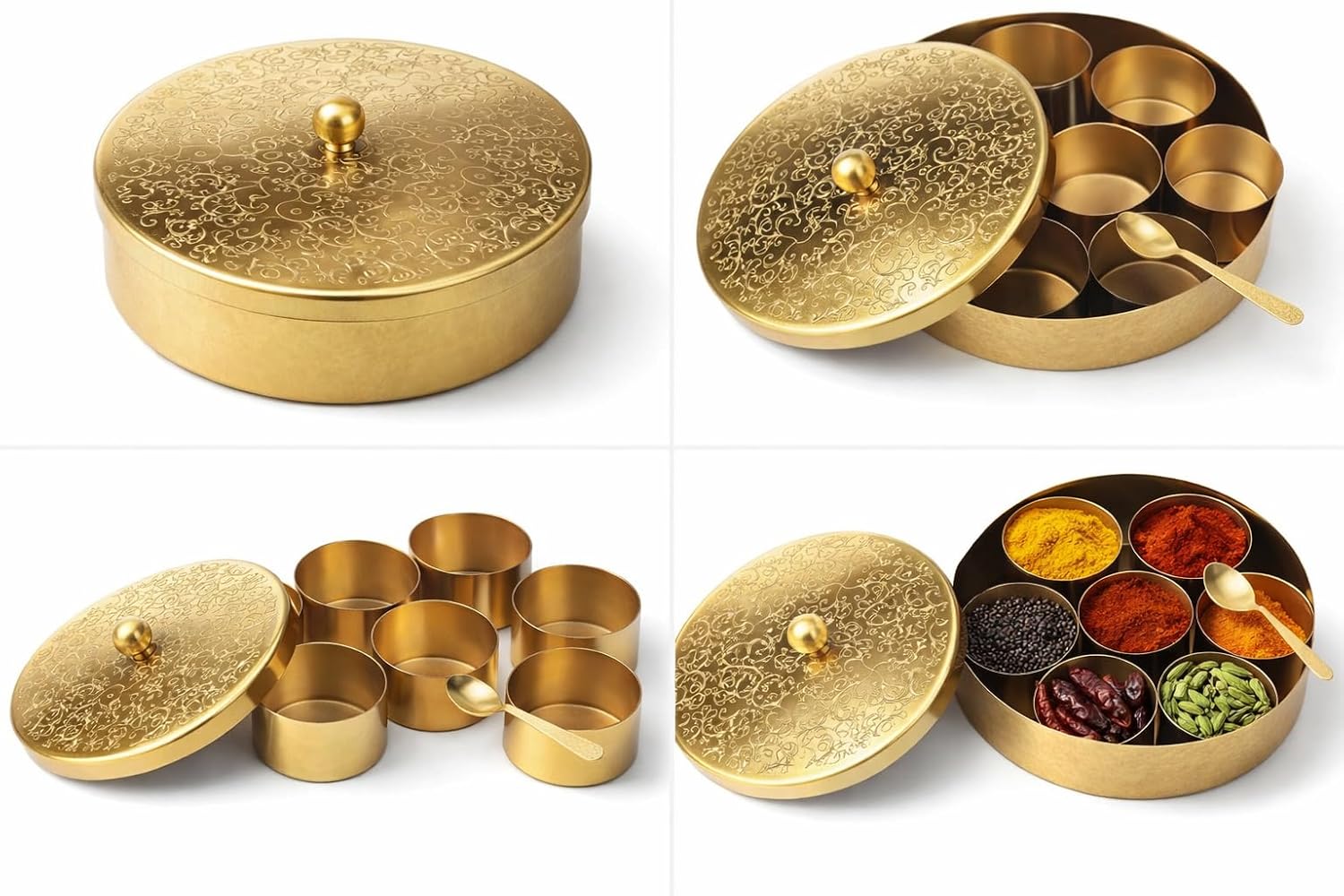 Handcrafted Masala Box with Spoon | 7-Container Spice Box (40 ml Each) | 7 Inch Masala Dabba for Kitchen Storage | Traditional Masala Petti Spice Container Set | Iron