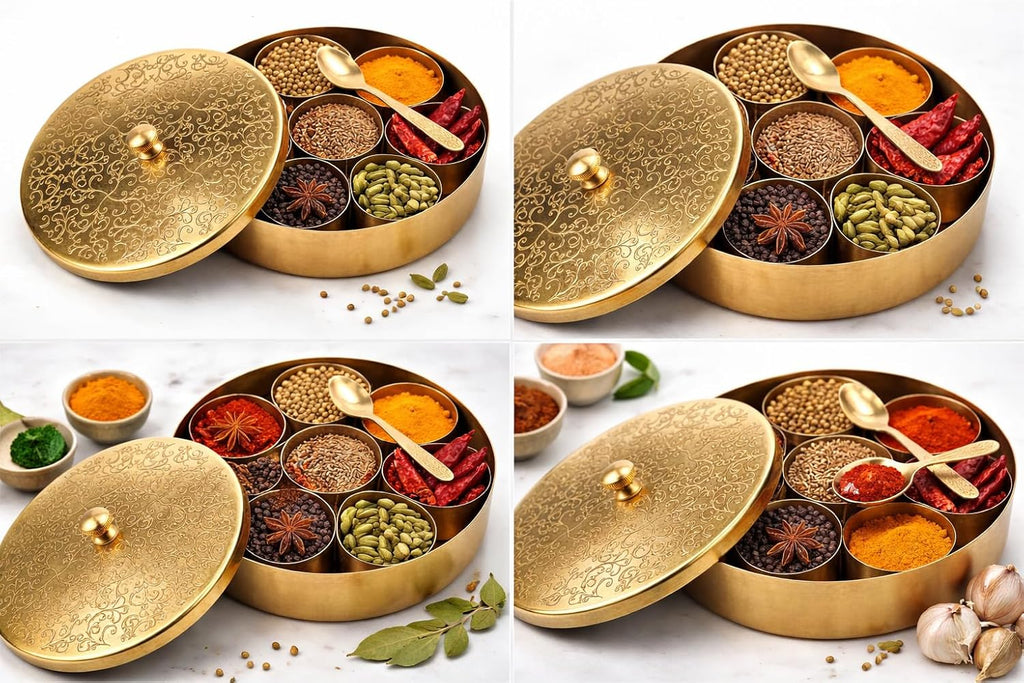 Handcrafted Masala Box with Spoon | 7-Container Spice Box (40 ml Each) | 7 Inch Masala Dabba for Kitchen Storage | Traditional Masala Petti Spice Container Set | Iron