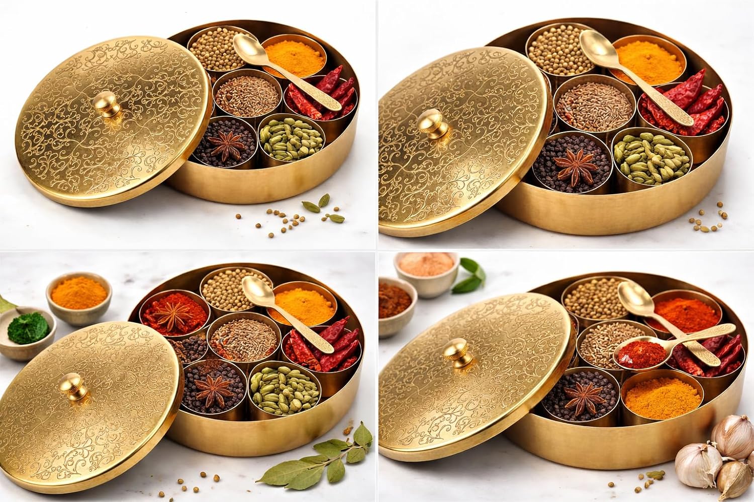 Handcrafted Masala Box with Spoon | 7-Container Spice Box (40 ml Each) | 7 Inch Masala Dabba for Kitchen Storage | Traditional Masala Petti Spice Container Set | Iron
