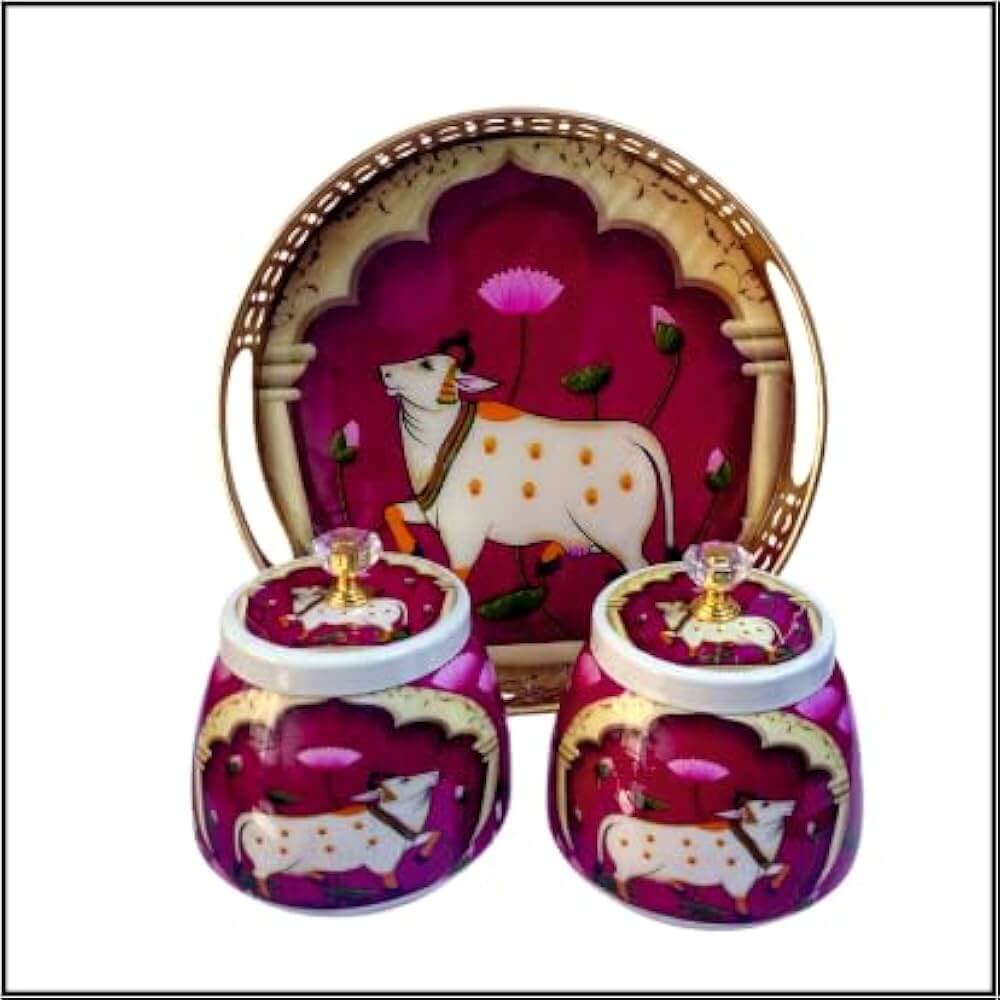 Handcrafted Meena Pichwai Tray Jar Set | Multiple-designs